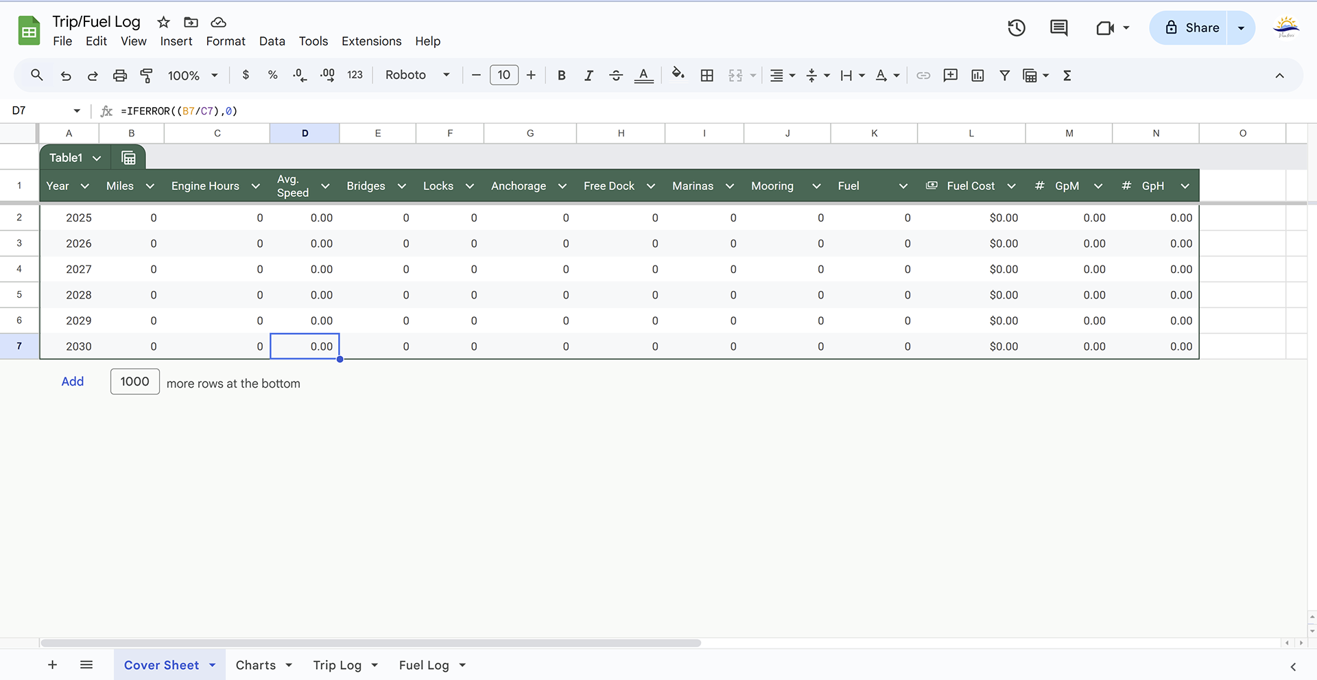 Trip and Fuel Log Cover Page Screenshot