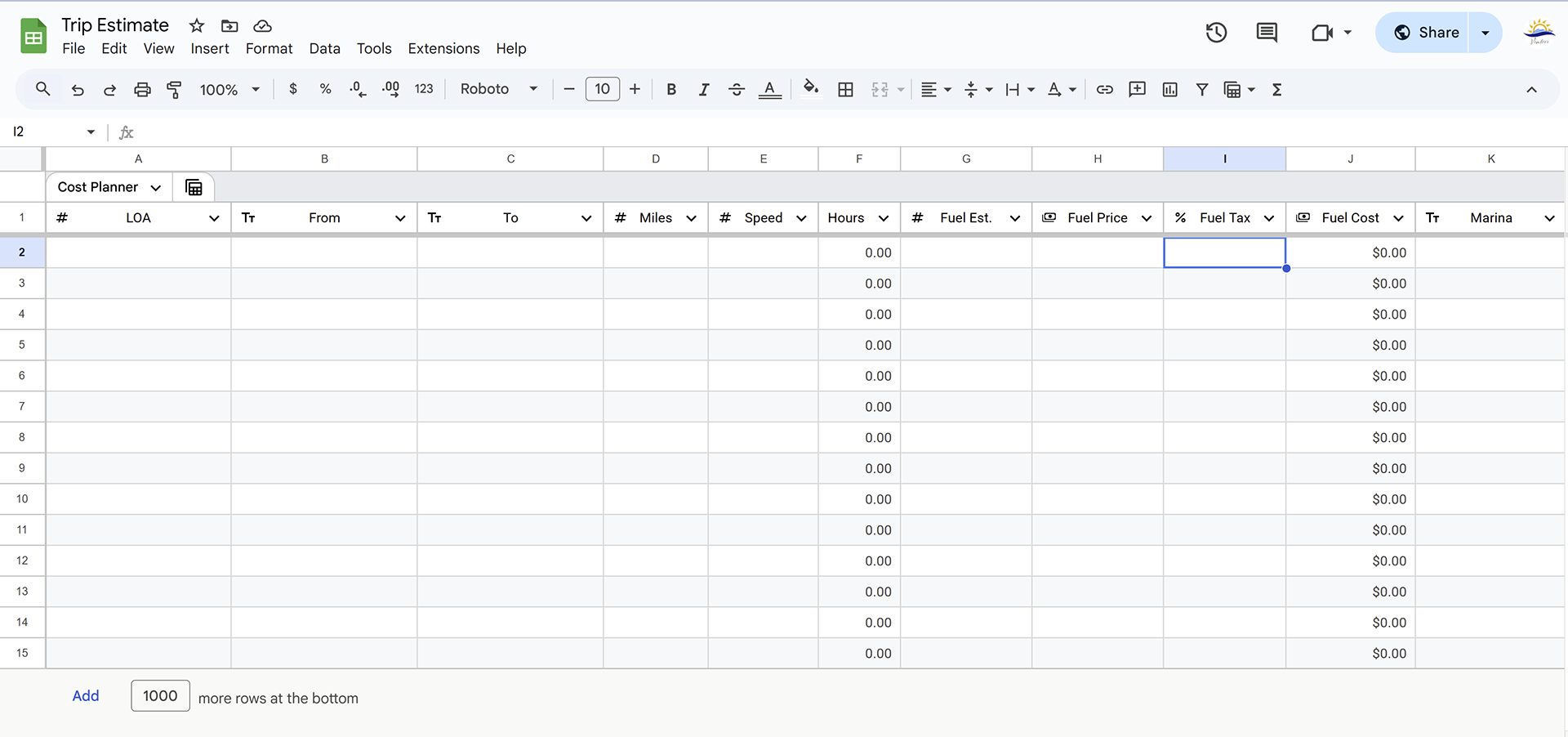 Trip Planning Esimator Screenshot